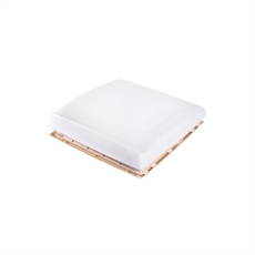 Vit, fyrkantig taklucka med genomskinlig topp, designad för montering på plana ytor.